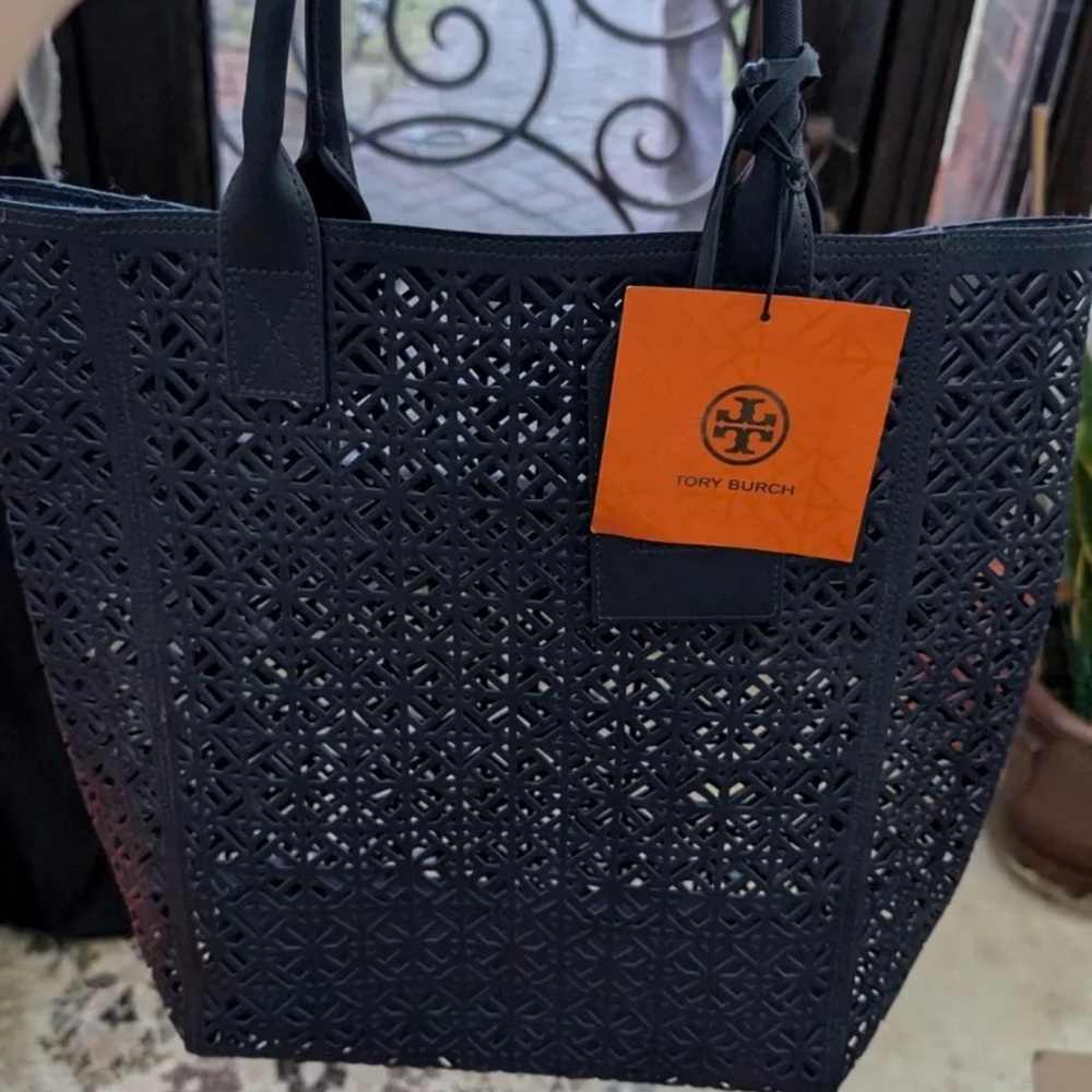Tory Burch Lattice Perforated Navy Blue Tote Bag